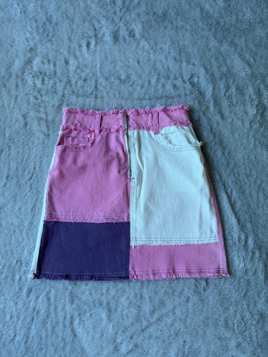 Mazik Dresses & Skirts - Mazik Pink, White & Purple Patchwork Front-Zip Mini Skirt